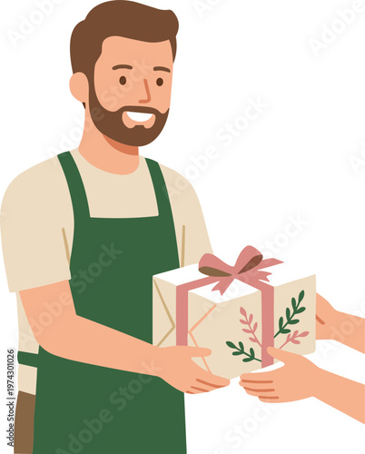 Man giving a gift to someone with a smile on his face indoors