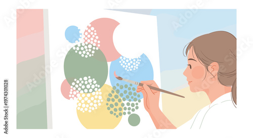 Woman painting colorful dots on canvas in modern minimalist style with soft natural lighting for art education