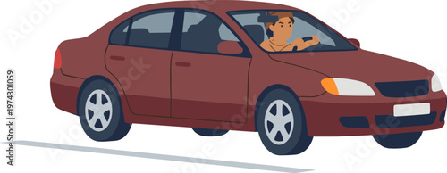 Brown car drives on road with dog sitting in front seat happily