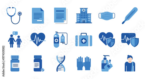 A comprehensive collection of eighteen blue-themed medical icons representing healthcare services, equipment, and biological research elements.