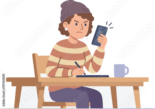 A woman sits at a table, looking frustrated while checking her phone and writing on a notepad.