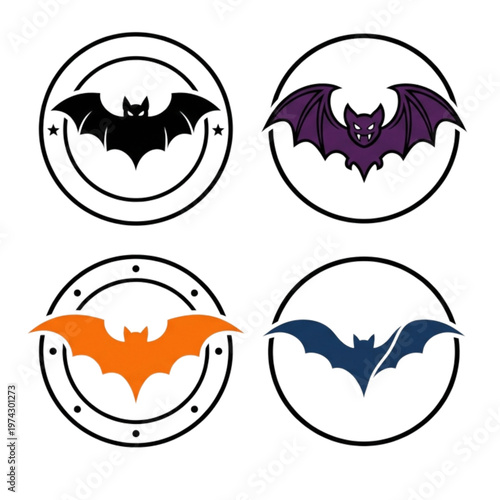 Set of Spooky Bat Vector Logos and Icons in Circular Frames for Halloween Design