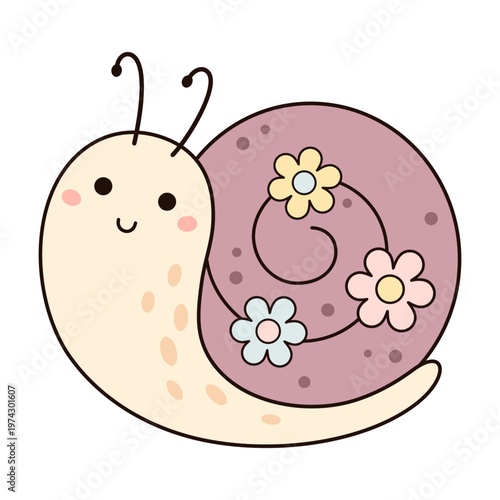 Colorful floral snail clipart, Cartoon character isolated on white background, Kids hand drawn vector illustration