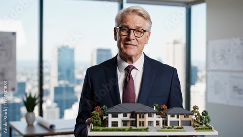 Senior Businessman Presenting Miniature Housing Development Model