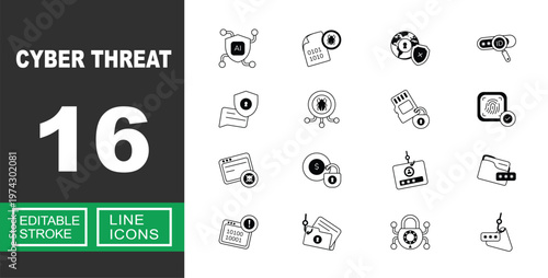 Cyber Security Threats and Data Vulnerability. Includes AI Protection Shield, Phishing Hook, Data Ransomware, Secure Identity Scan, Malicious Binary Code. Editable stroke line icons.