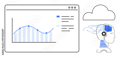 Data analysis, artificial intelligence, cloud computing, machine learning, technology trends, innovation. Graph and head illustration with gears connected to cloud icon. Data analysis and artificial