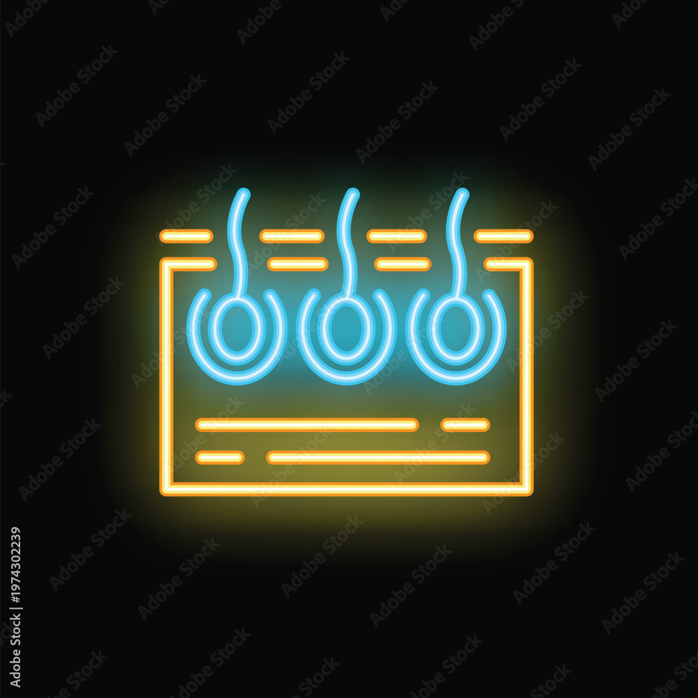 Obraz premium Neon icon of hair follicle glowing on dark background representing concept of hair care and hair loss treatment