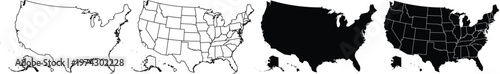 Four variations of united states map silhouettes with and without state borders black