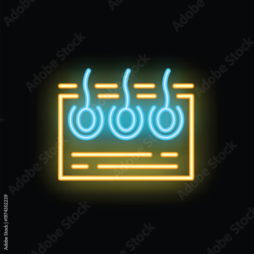 Neon icon of hair follicle glowing on dark background representing concept of hair care and hair loss treatment