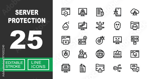 Server Protection icon set. Includes data security, firewall, VPN encryption, malware defense, secure database. Editable stroke line icons.