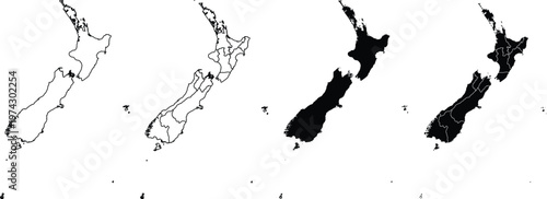 Four variations of new zealand map silhouettes with and without regional borders