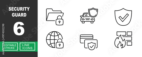 Advanced Security Guard and Digital Asset Protection. Includes Locked Data Folder, Secure Vehicle Shield, Network Firewall, Global Security Lock, Verified Payment Card. Editable stroke line icons.