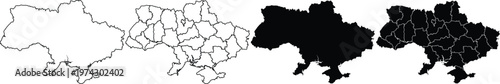 Four variations of ukraine map silhouettes with and without administrative regions borders
