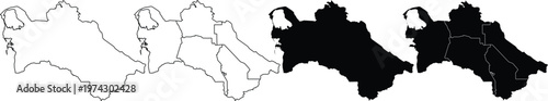 Four variations of turkmenistan map silhouettes with and without internal regional borders