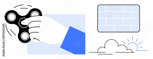 Stress relief, mindfulness, leisure activity, creativity, focus, relaxation. Hand holding a fidget spinner with brick wall and sunrise. Stress relief and mindfulness conceptual