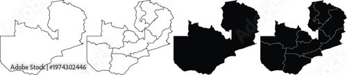 Four variations of zambia country map outlines with and without internal provincial borders