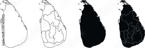 Four variations of sri lanka map silhouettes with and without internal district borders