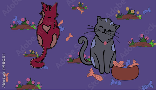 A cute cat with a fish in a container,against a purple background. Suitable for wallpaper,paper,fabric patterns,and decoration.