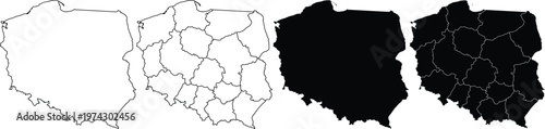Set of four poland country map silhouettes with and without internal administrative borders