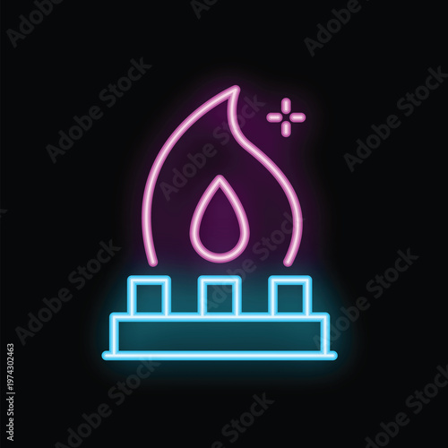 Bright neon icon of a gas burner with a burning fire on a black background