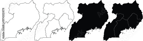 Set of four uganda country map outlines and silhouettes with regional internal borders