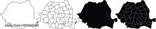 Set of four black and white maps of romania showing national borders and internal county divisions
