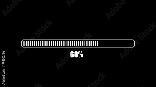 Retro loading bar animation isolated on a black background, loading bar animation with percentage. White Futuristic uploading progress bar effect isolated on black background. 