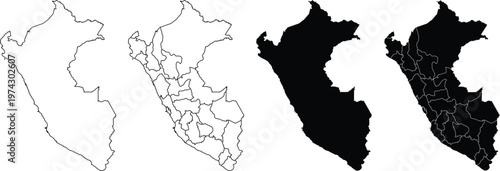 Four variations of peru country map outlines with and without internal regional borders black