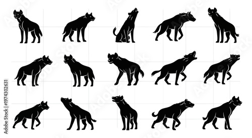 Photography Collection of black wolf silhouettes in various poses on white background for de