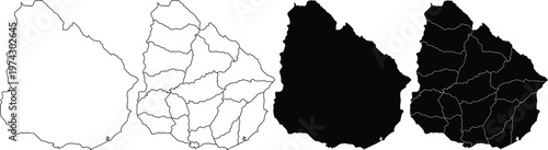 Four variations of uruguay country map outlines with and without internal department borders