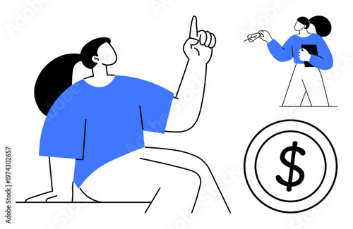 Financial management, business decisions, leadership, communication, economy, creativity. Minimalist figures interacting, pointing to ideas and financial symbol. Financial management and business