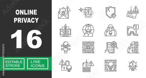 Cyber Security Threats and Online Privacy Protection. Includes Phishing Attack, Malware Trojan, Hacker Activity, Data Breach Alert, Binary Code Security. Editable stroke line icons.
