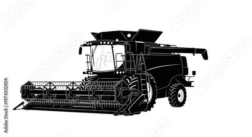 Harvester machine in black silhouette with front cutting mechanism and large rear wheel on white background