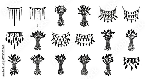 Set of black and white tassel garland illustrations on white background for decoration and design