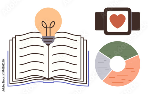 Education, technology, productivity, health, analytics, creativity. Open book with light bulb, heart on smartwatch and circular chart. Education and technology concept highlighting innovation