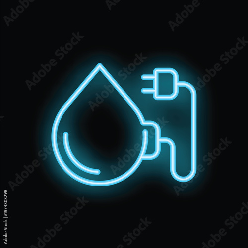 Glowing neon icon representing a water drop connected to an electric plug, symbolizing hydropower and sustainable energy generation