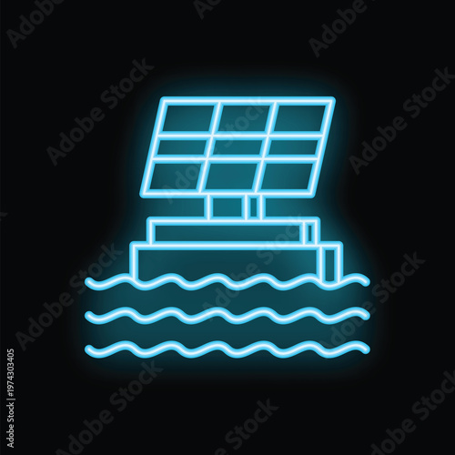 Glowing neon line icon of a solar panel generating energy on water surface, representing renewable energy sources