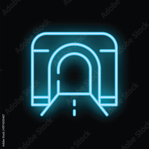 Neon tunnel icon glowing on dark background representing concepts of infrastructure and transportation