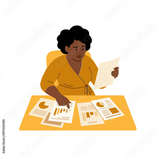 Woman sits at desk reviewing documents and papers carefully indoors