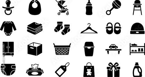 Baby clothing and accessories icons set for shopping and organization
