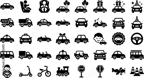 Cute car icons with kids and balloons for playful designs and celebrations
