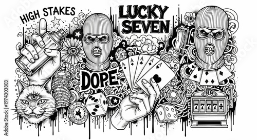 Black and White Street Art Graffiti Collage with Balaclava Masks, Playing Cards, Dice, Slot Machine, and Urban Icons