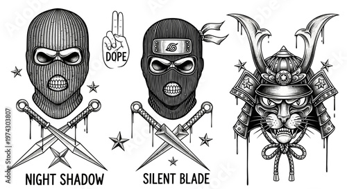 Black and White Graphic Ninja and Samurai Illustrations with Balaclava Characters Kunai Knives and Japanese Warrior Cat