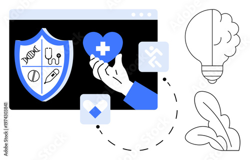 Healthcare, technology solutions, innovation, medical services, data protection, health monitoring. Hand offering a heart with a medical cross and a shield with health icons. Healthcare