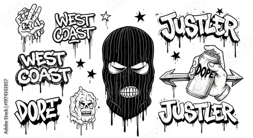 Street Art Graffiti Graphics Set with Ski Mask Skull Spray Can and West Coast Underground Culture Typography