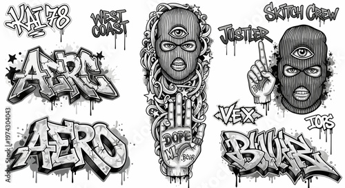 Urban Graffiti Art Set Featuring Balaclava Characters with Third Eyes, Stylized Typography, and Edgy Street Culture Design Elements