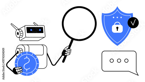 Cybersecurity concept. Robot examines cybersecurity with shield, coin, and chat bubbles. Cybersecurity ensures online safety, financial transactions, and secure communication. For tech, fintech AI