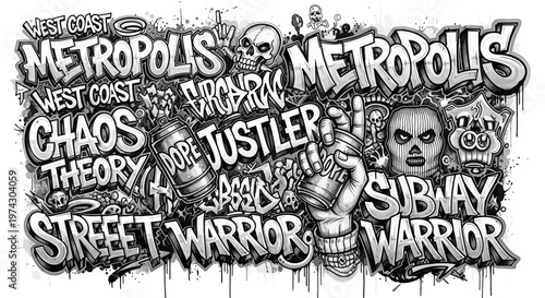 Intricate black and white urban graffiti mural featuring text like Metropolis, Street Warrior, and Chaos Theory with skull and masks.