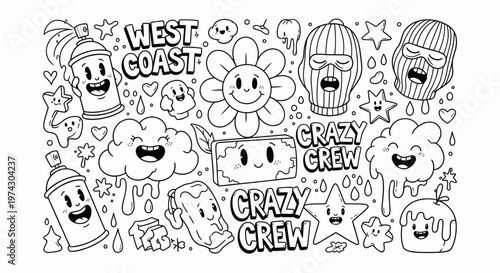 Retro Urban Graffiti Doodle Art Collection with Cartoon Characters, Spray Cans, and Text on White Background