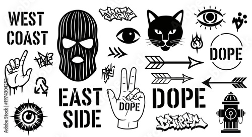 Set of Urban Streetwear Icons Including Balaclava Cat Face Eyes Arrows and Graffiti Typography on White Background
